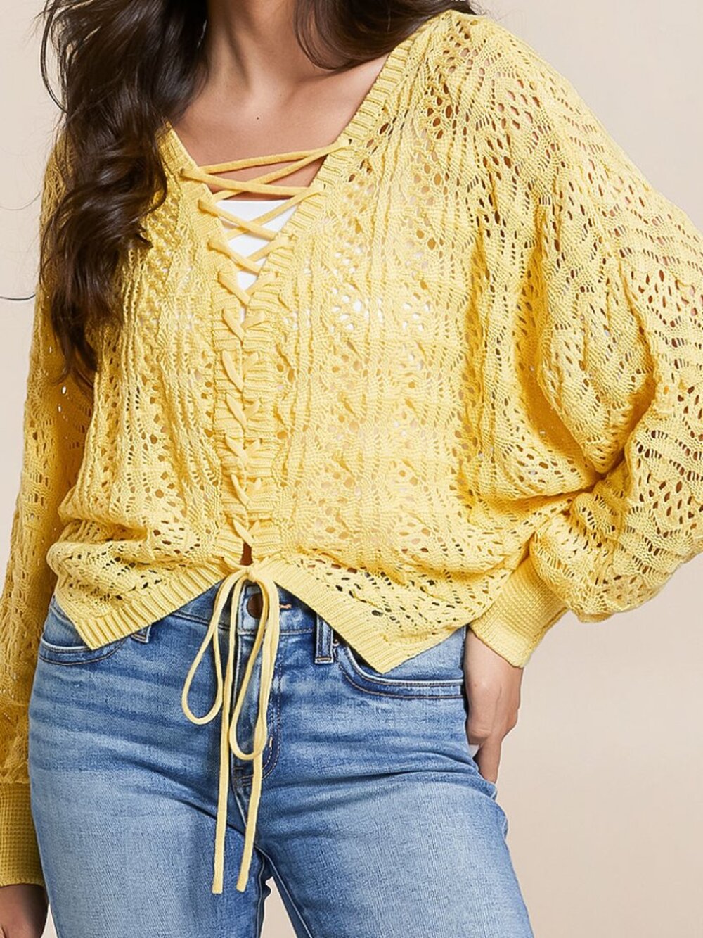 Willow & Root Yellow Open Knit Lace-Up Sweater Women’s Small